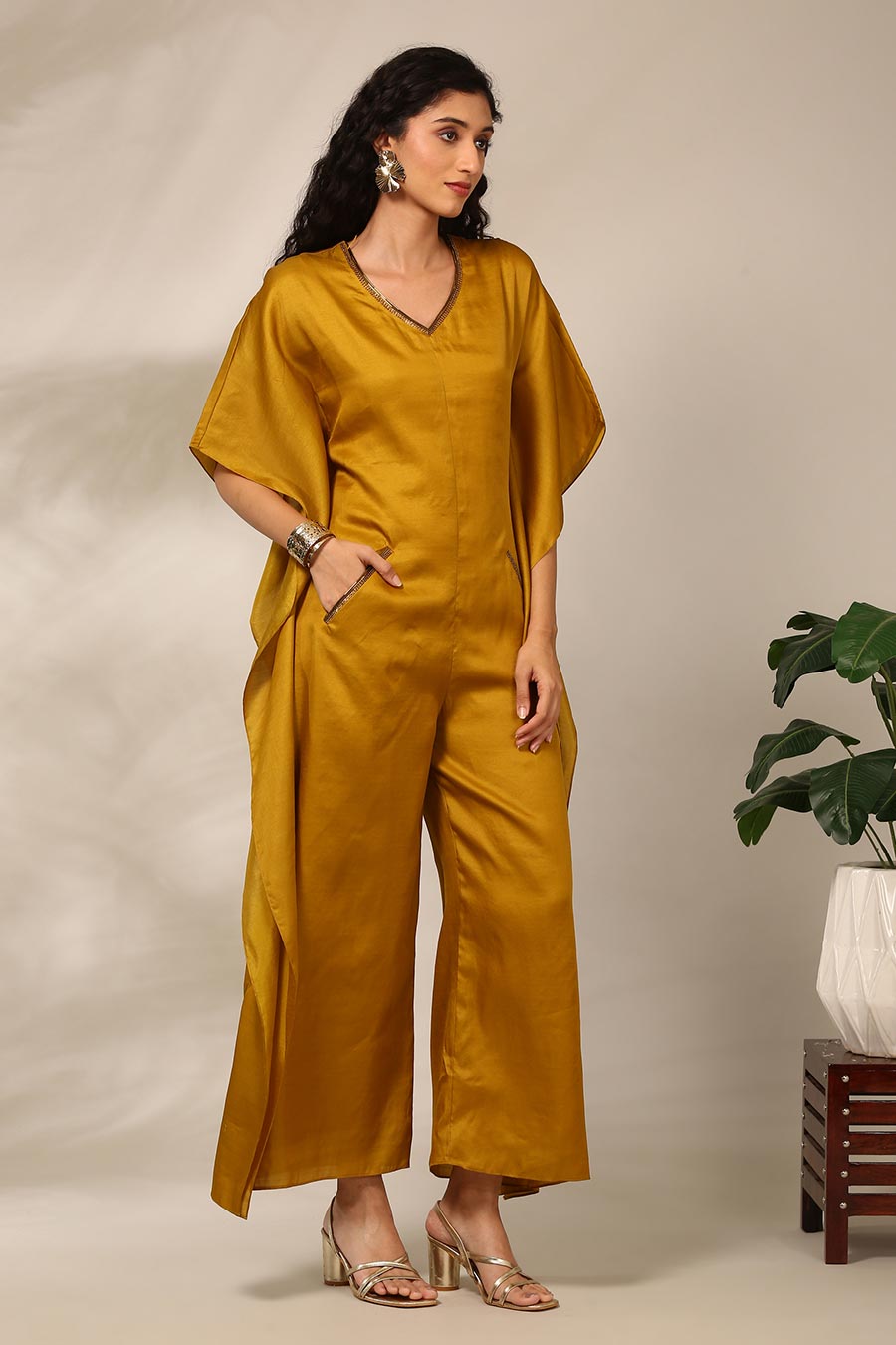Mustard Yellow Embellished Kaftan Jumpsuit