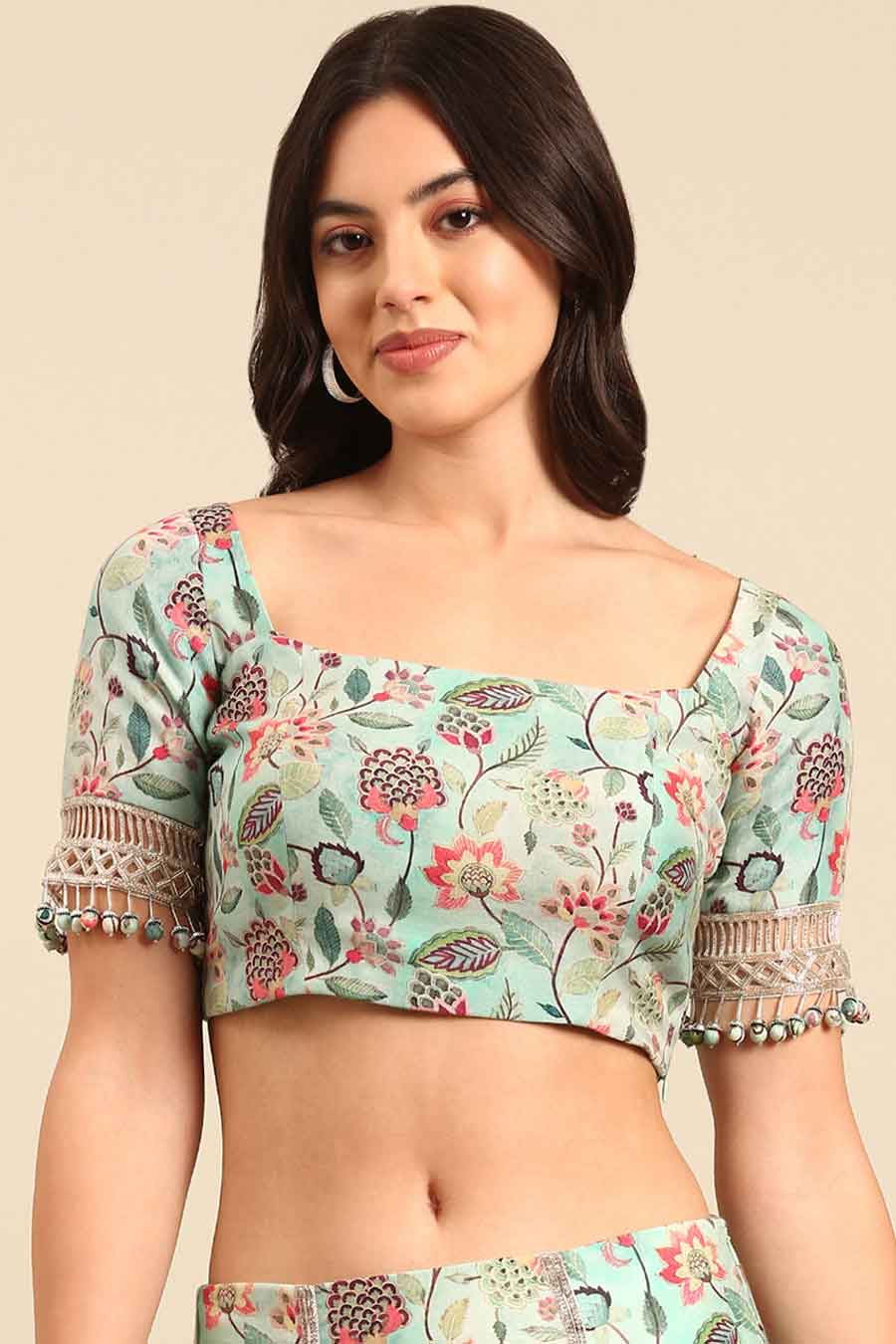 Blue Printed Blouse & Lehenga Set