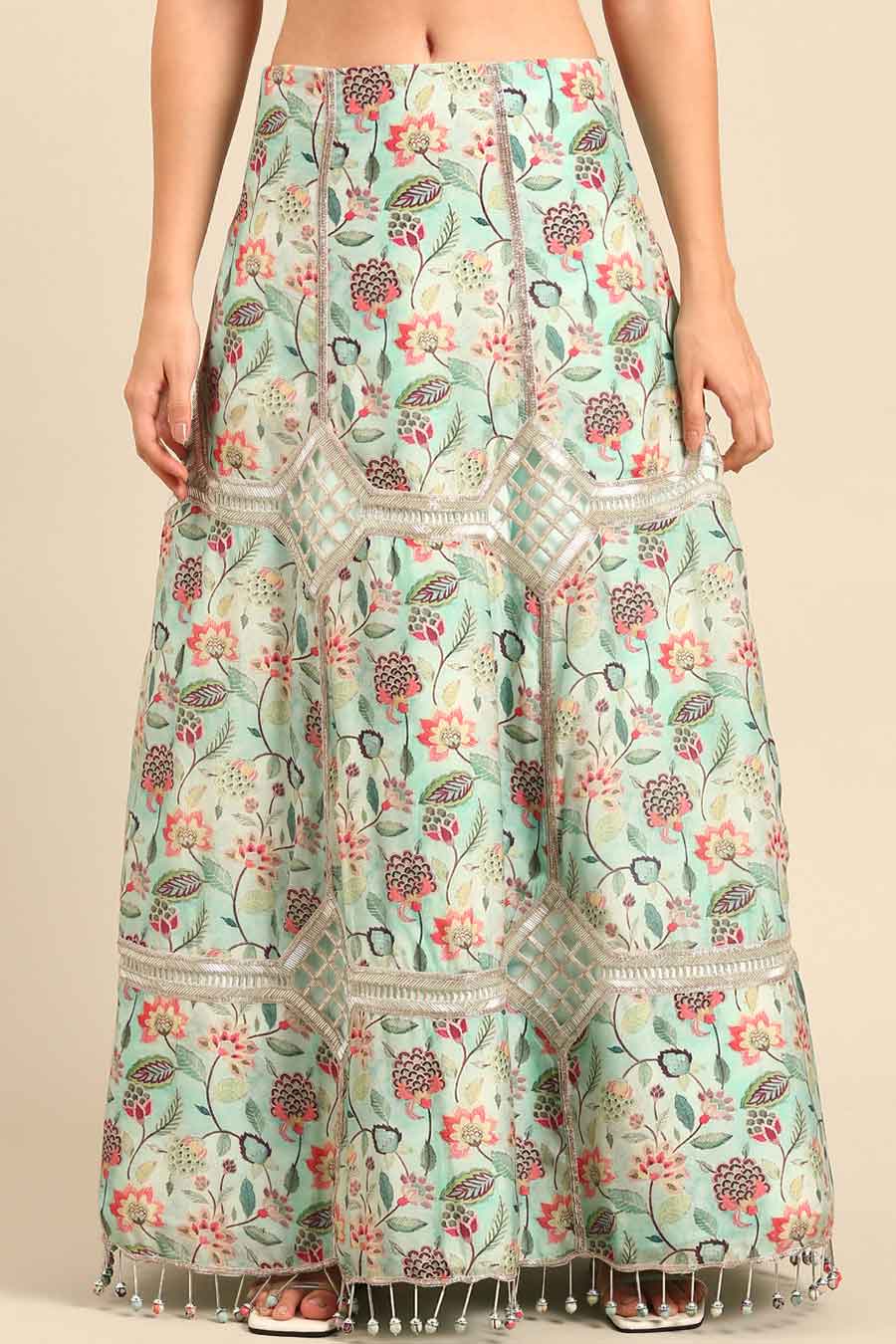 Blue Printed Blouse & Lehenga Set