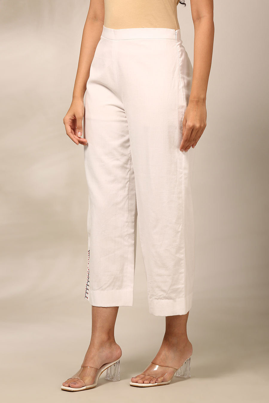 White Hand-Stitch Detailed Pant
