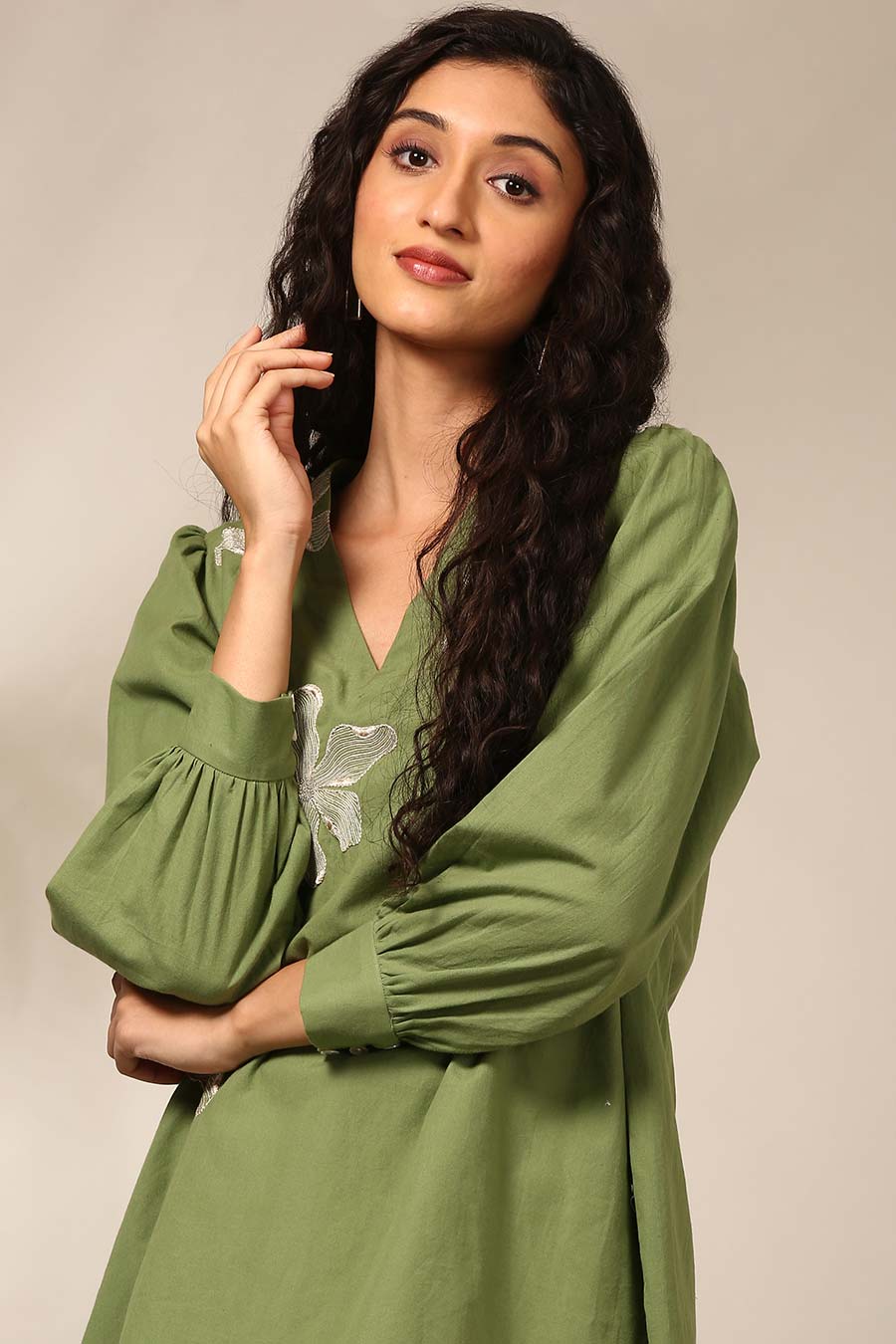 Green Embroidered Gathered Top
