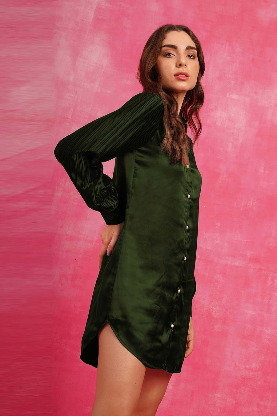 Olive Shirt Dress with Pleated Sleeve