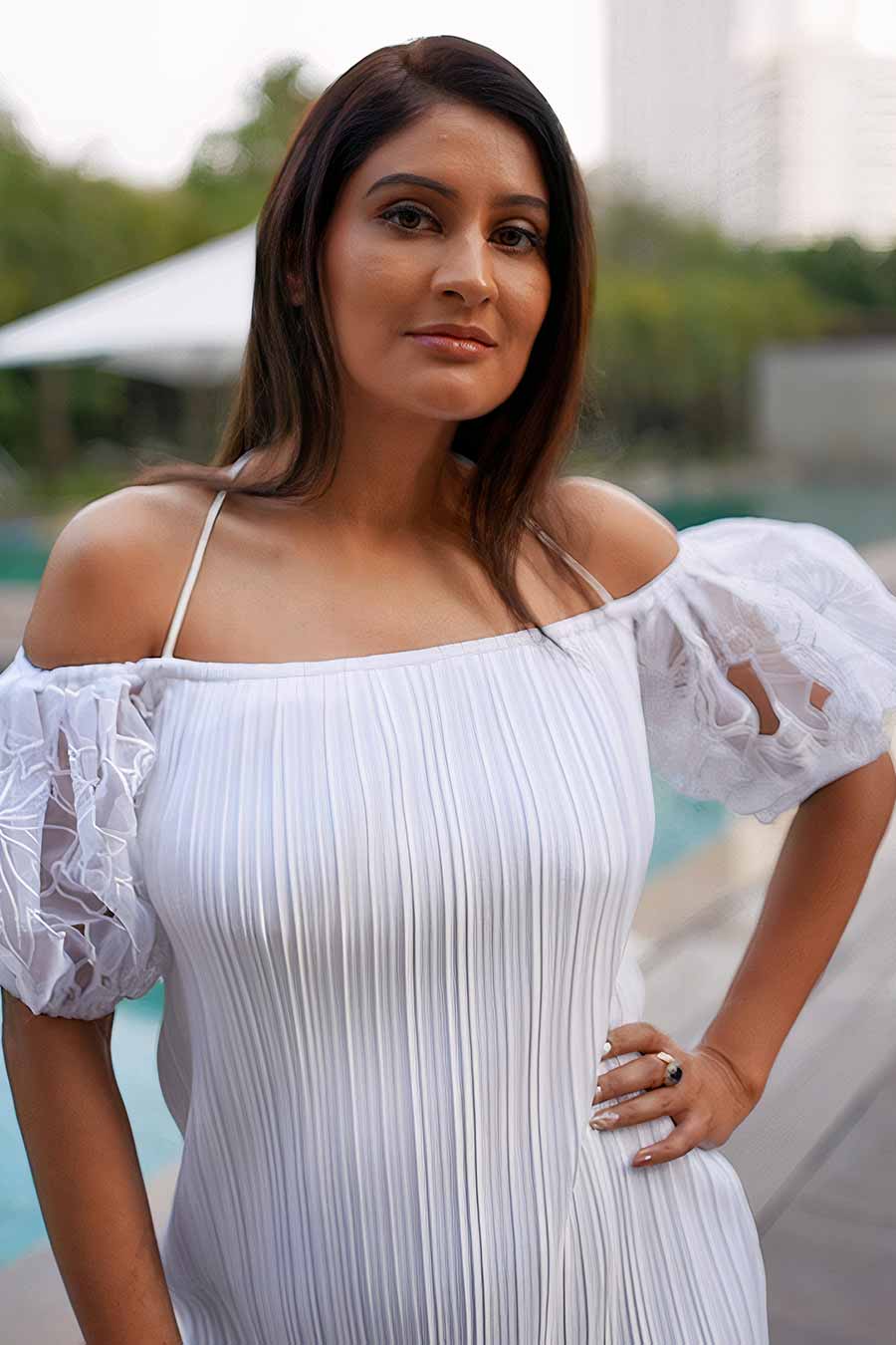 White Off-shoulder Pleated Dress
