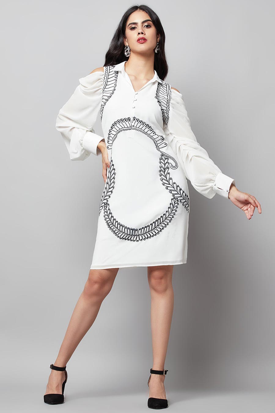 White Cold-shoulder Embroidered Dress