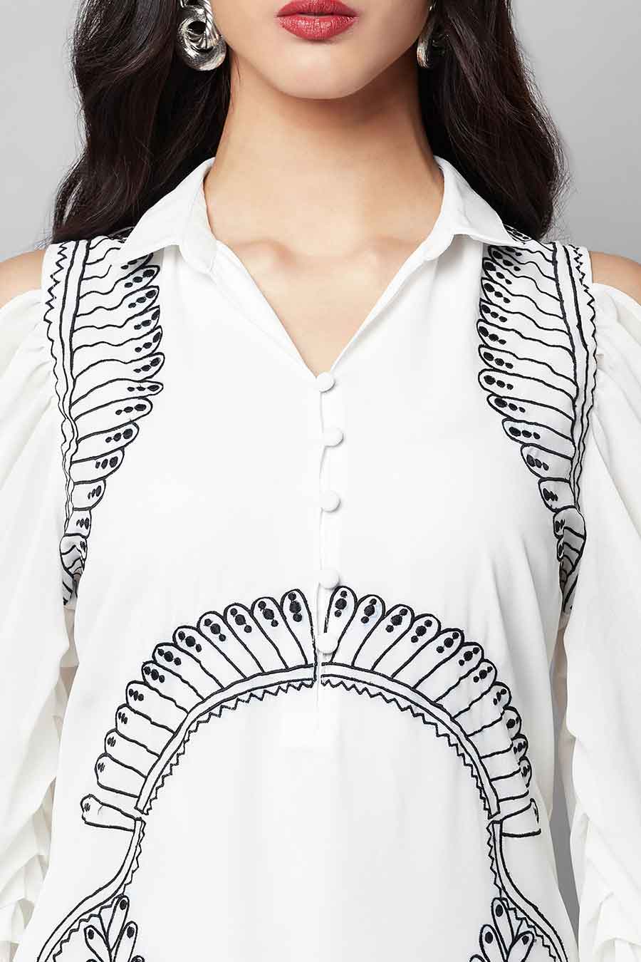 White Cold-shoulder Embroidered Dress