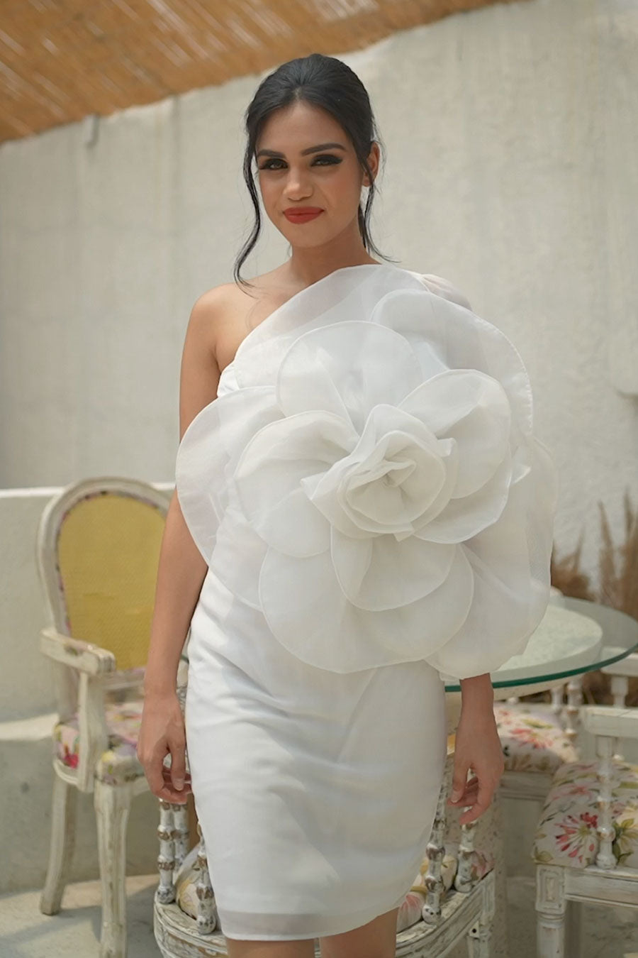 White One-shoulder Grand Floral Mini Dress