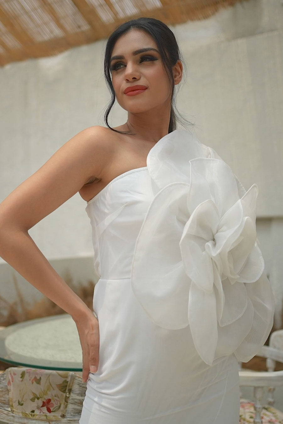 White One-shoulder Grand Floral Mini Dress