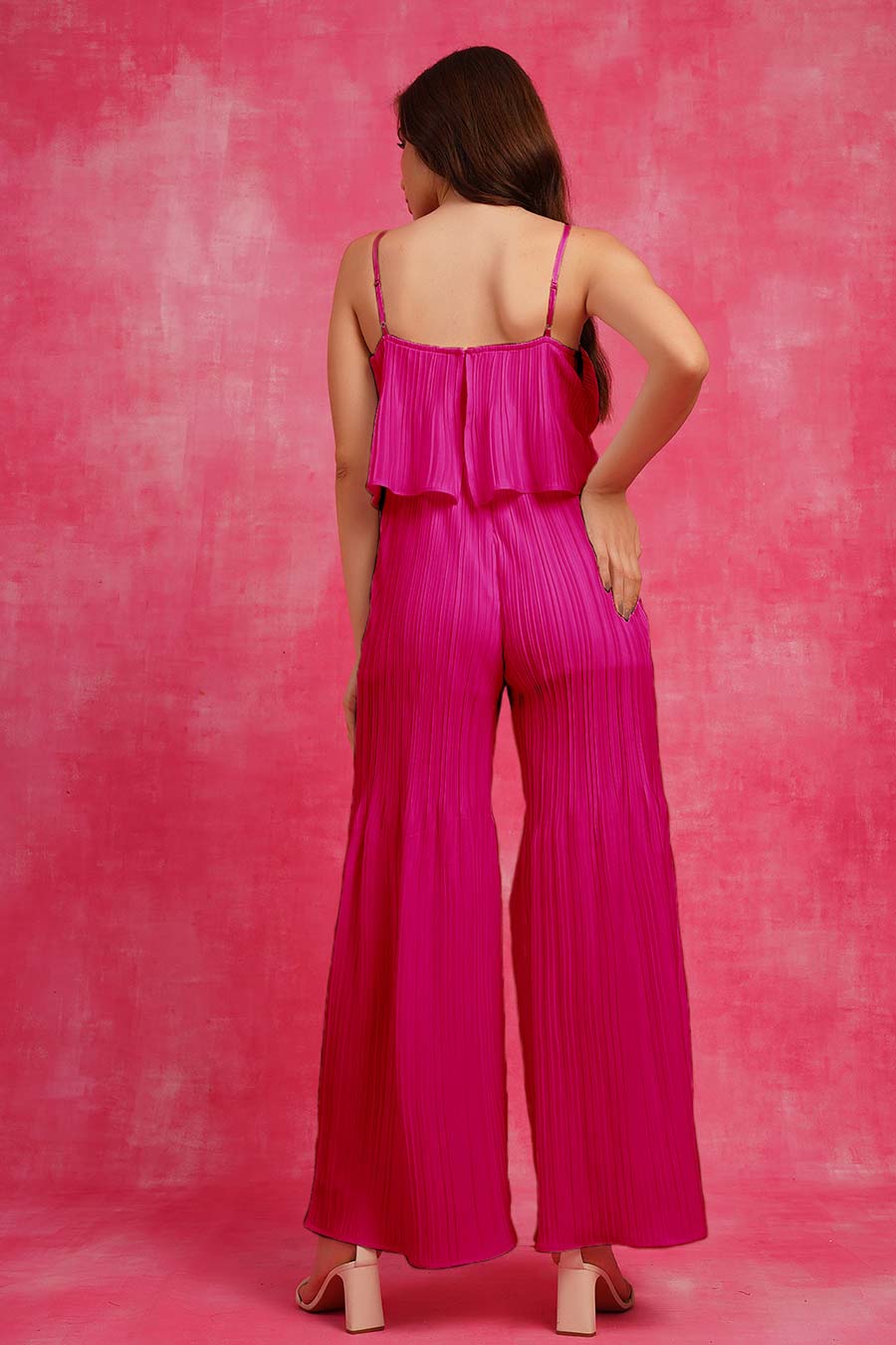 Pink Off-shoulder Pleated Jumpsuit