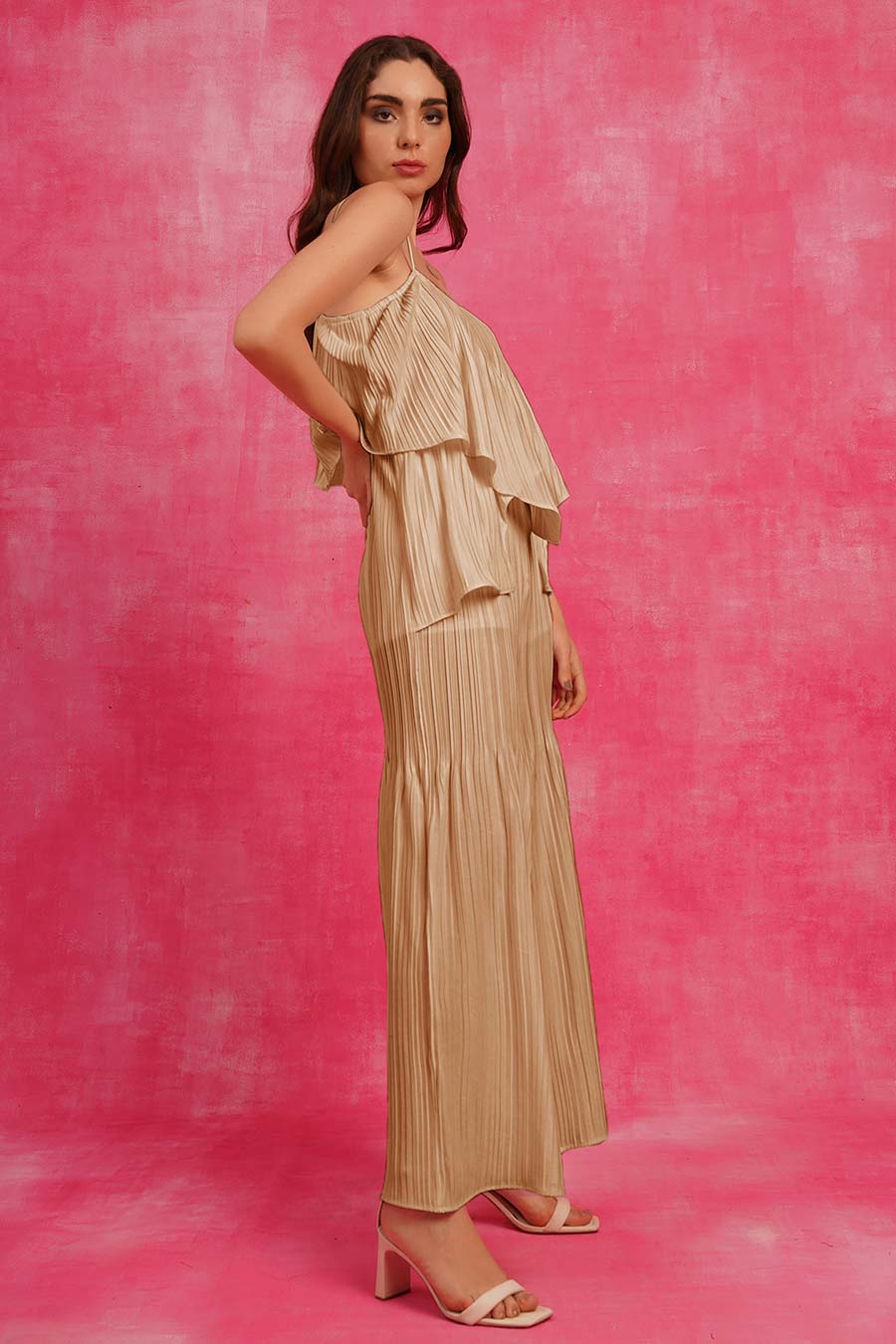 Beige Off-shoulder Pleated Jumpsuit