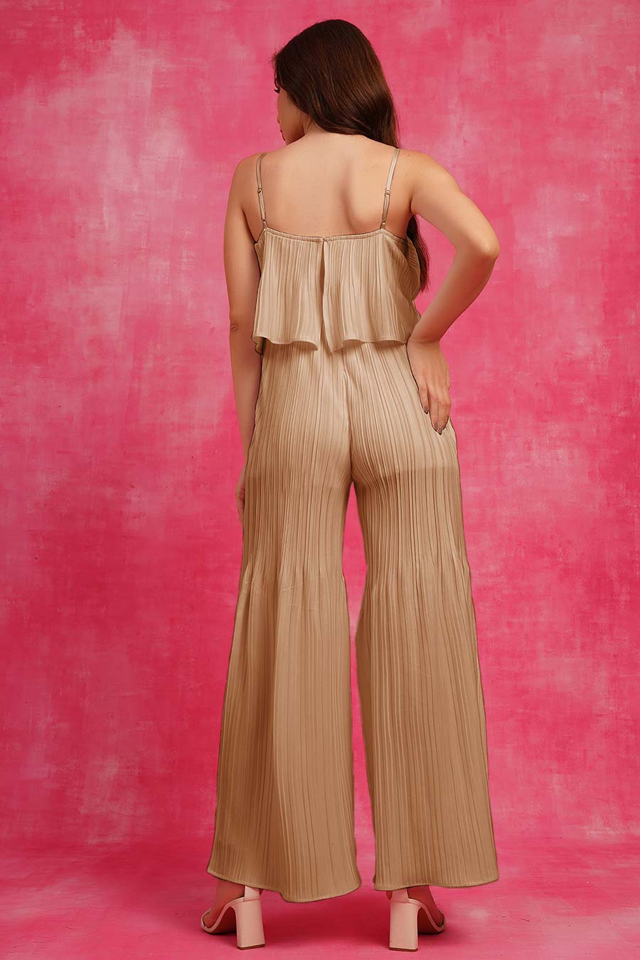 Beige Off-shoulder Pleated Jumpsuit