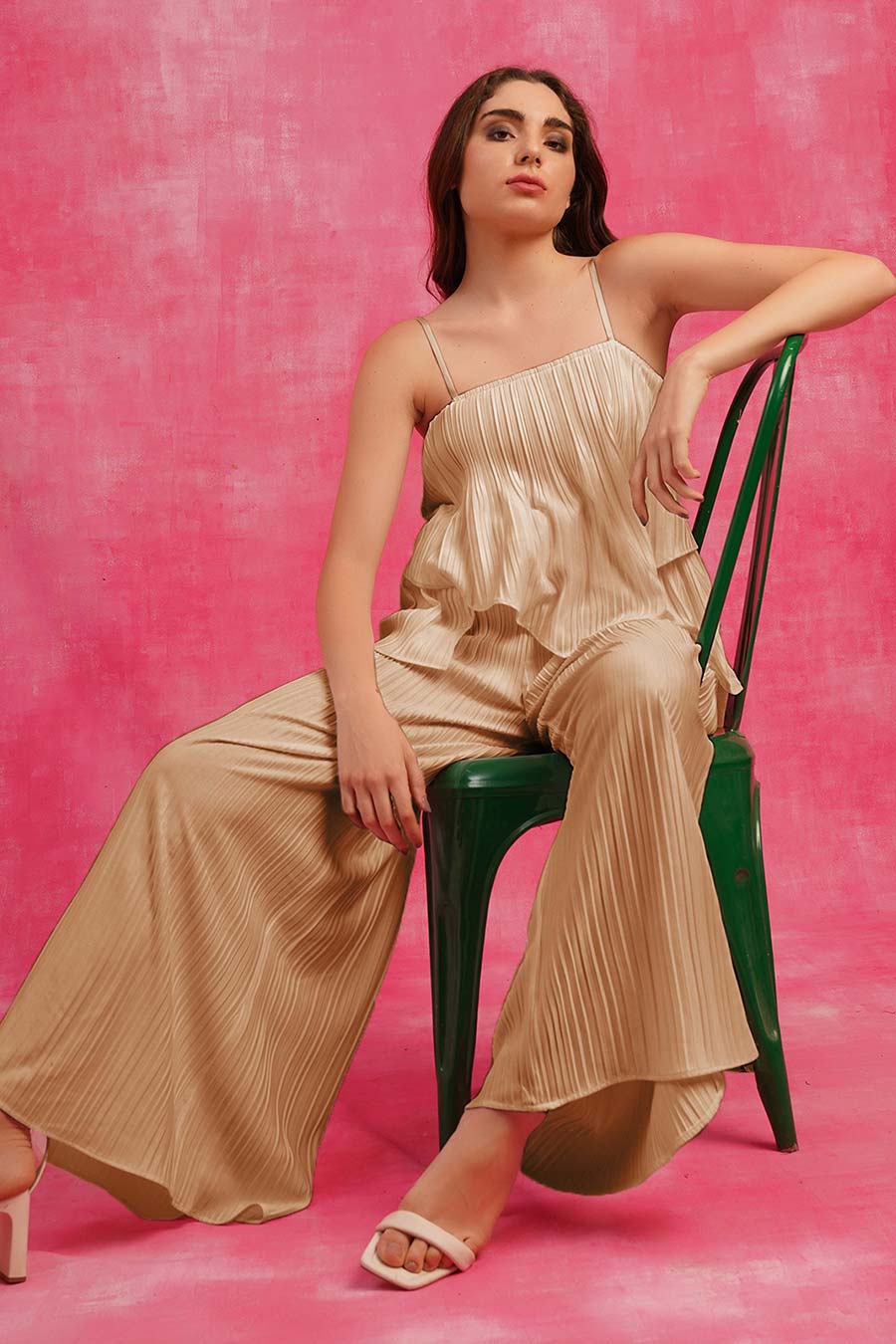 Beige Off-shoulder Pleated Jumpsuit