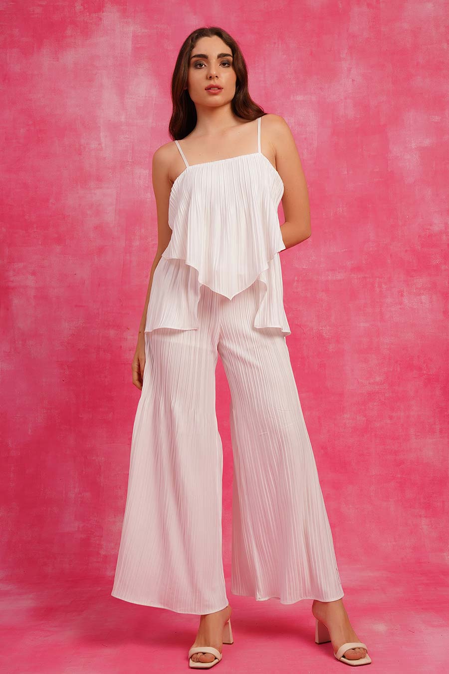 White Off-shoulder Pleated Jumpsuit