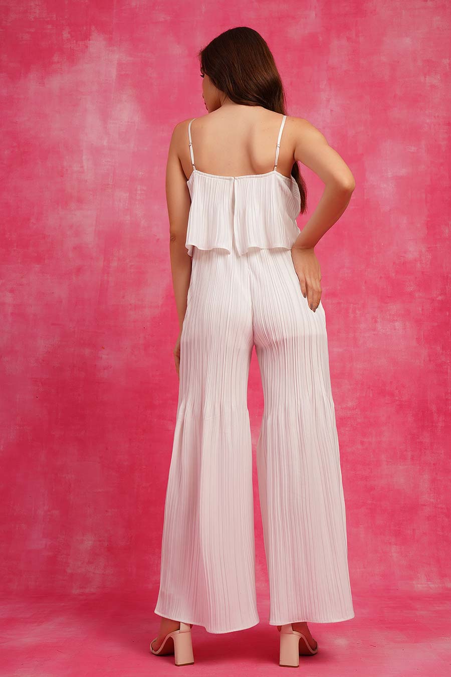 White Off-shoulder Pleated Jumpsuit