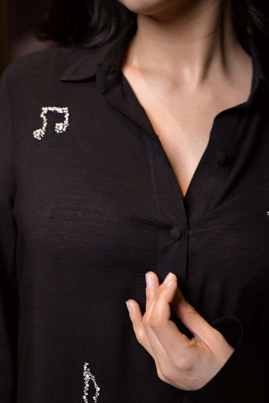 Black Embroidered Music Motif Shirt