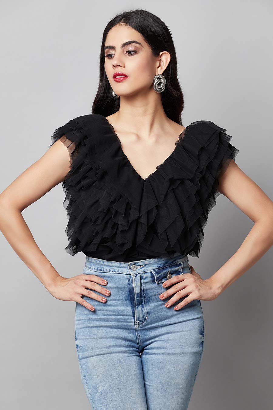 Shop Black Multi-layer Ruffle Top by ATTIC SALT at House of Designers ...