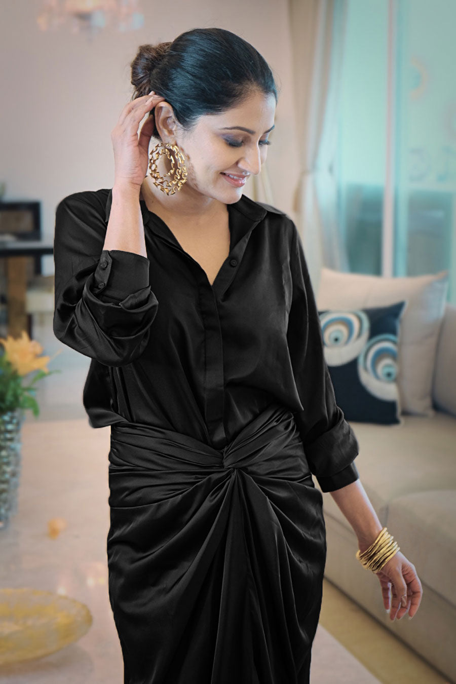 Black Satin Shirt & Dhoti Co-Ord Set