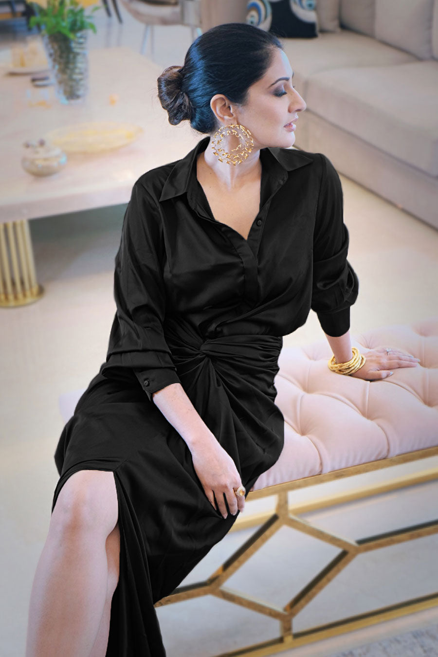 Black Satin Shirt & Dhoti Co-Ord Set