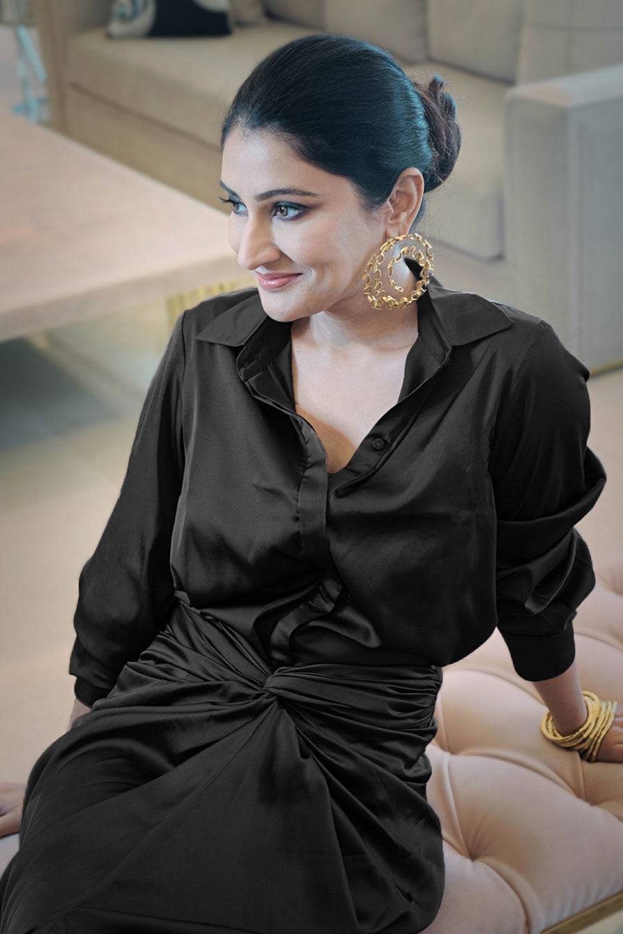 Black Satin Shirt & Dhoti Co-Ord Set