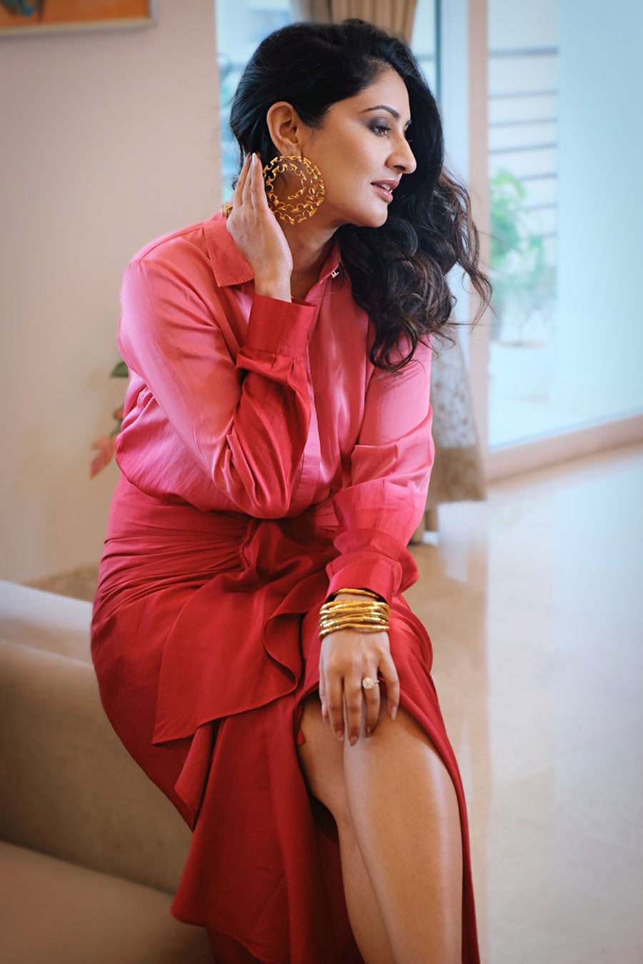 Pink & Red Ombre Shirt With Dhoti Co-Ord Set