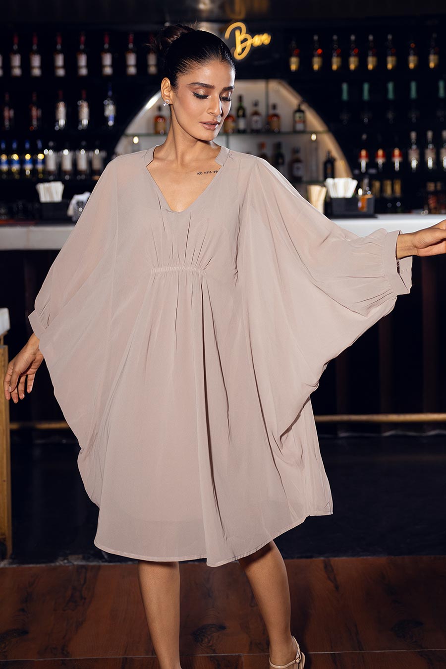 Beige Gathered Kaftan Dress