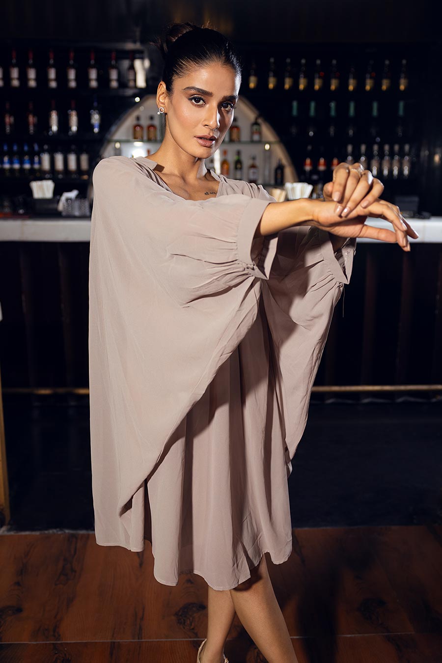 Beige Gathered Kaftan Dress