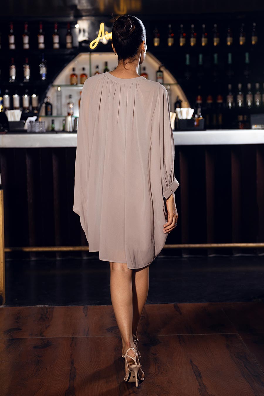 Beige Gathered Kaftan Dress