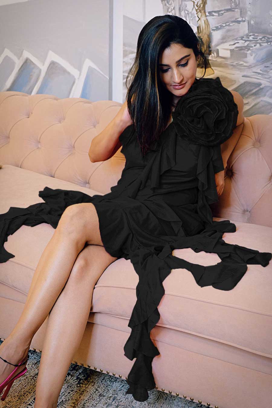 Black Flower Ruffle Dress