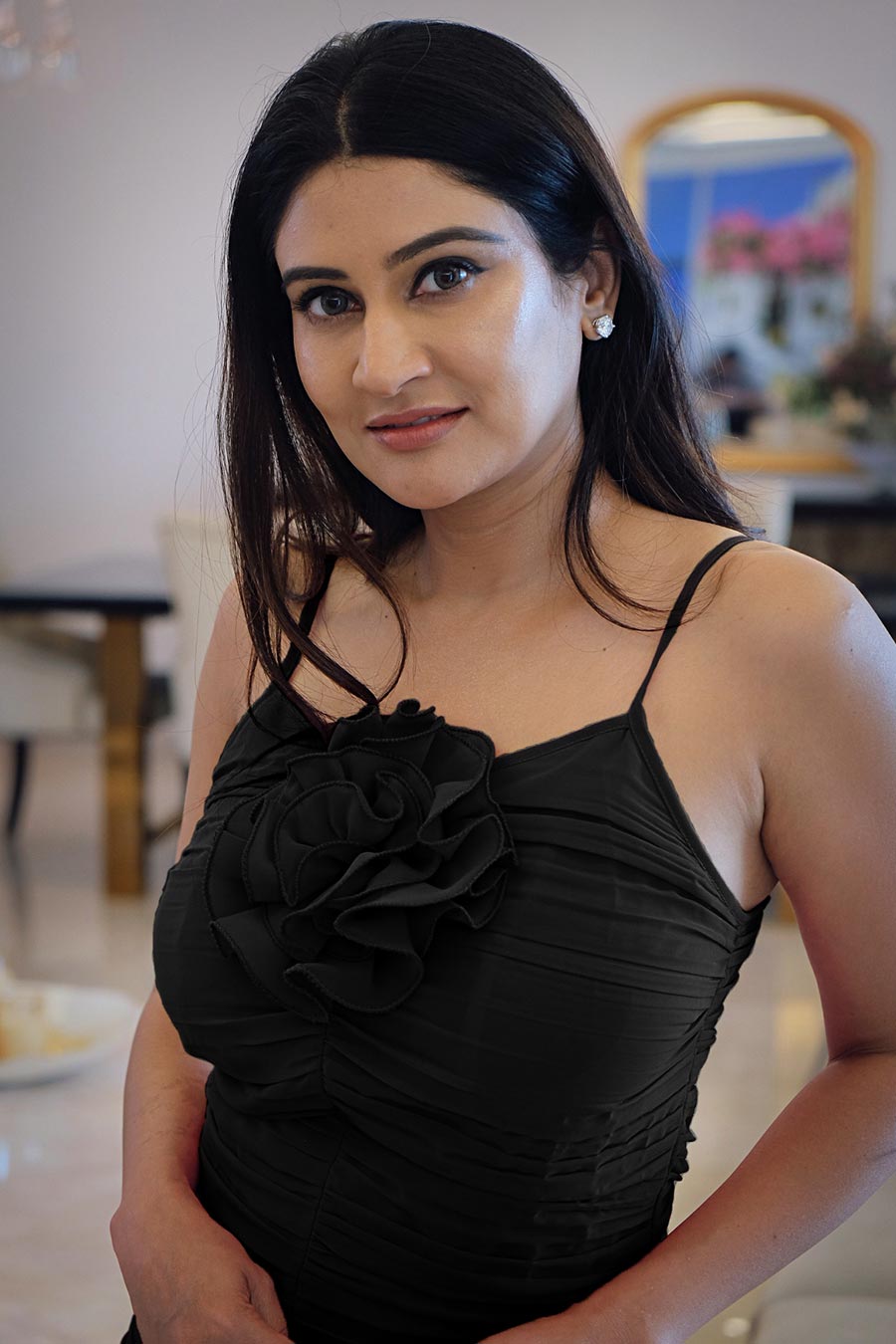 Black Blossom Ruched Dress