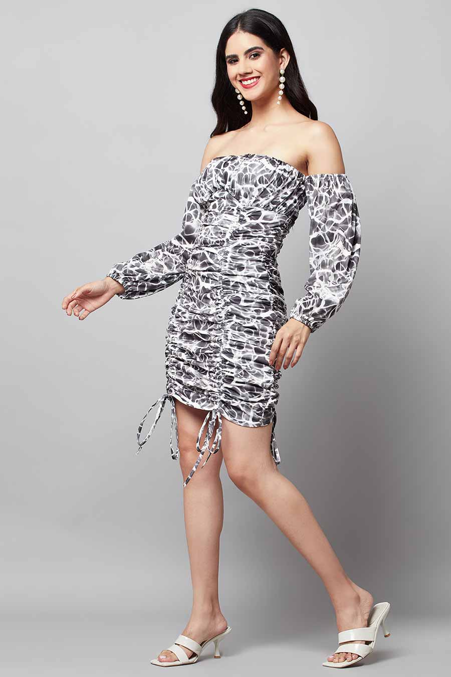 White & Black Printed Ruche Dress