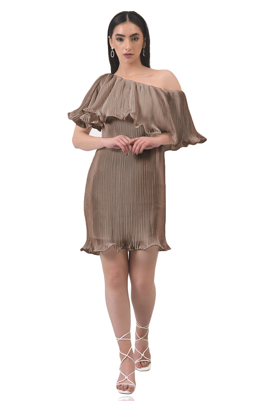 Brown One-shoulder Pleated Dress