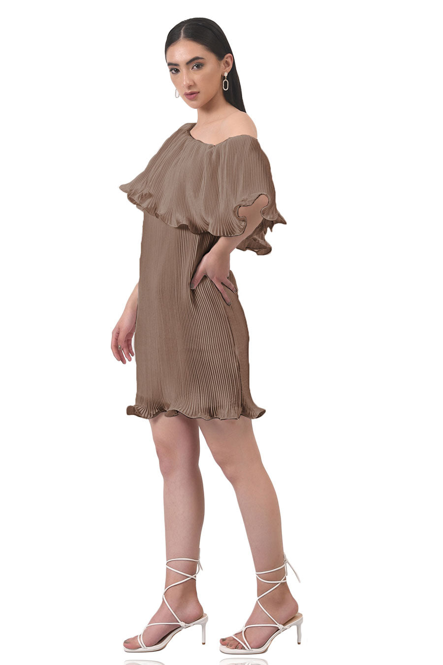 Brown One-shoulder Pleated Dress