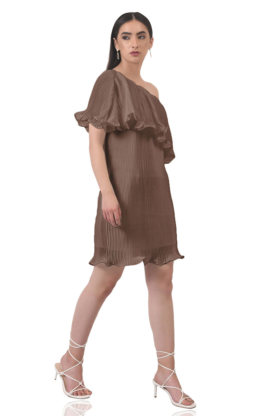 Brown One-shoulder Pleated Dress