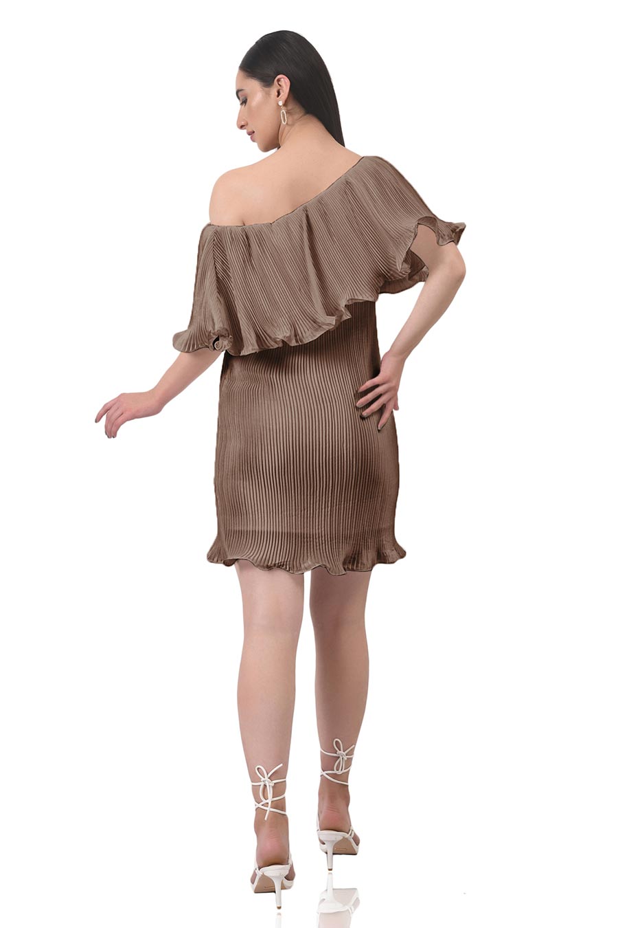 Brown One-shoulder Pleated Dress