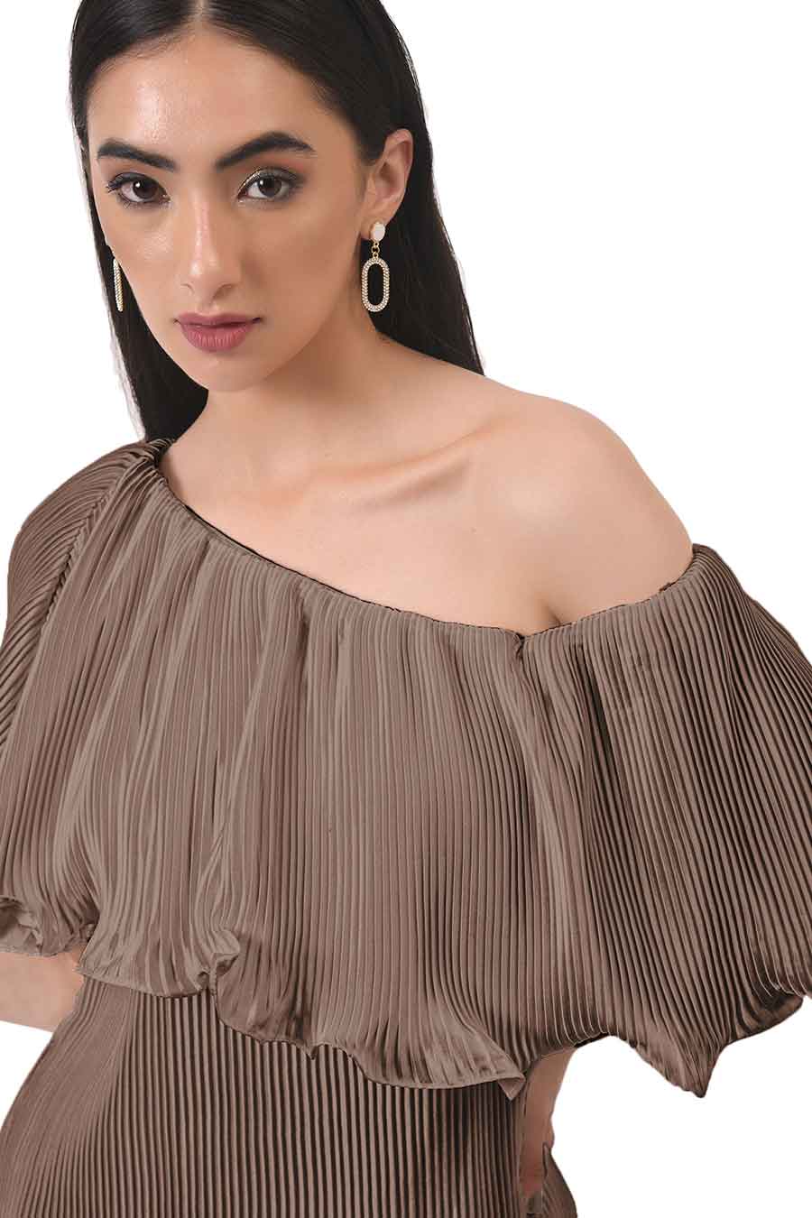 Brown One-shoulder Pleated Dress