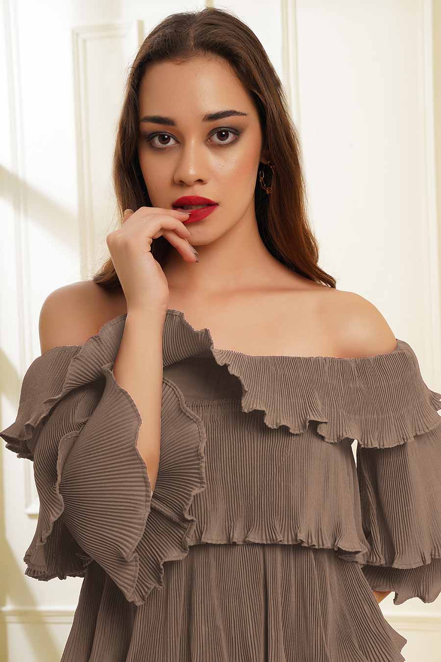 Brown Multi-tier Pleated Dress