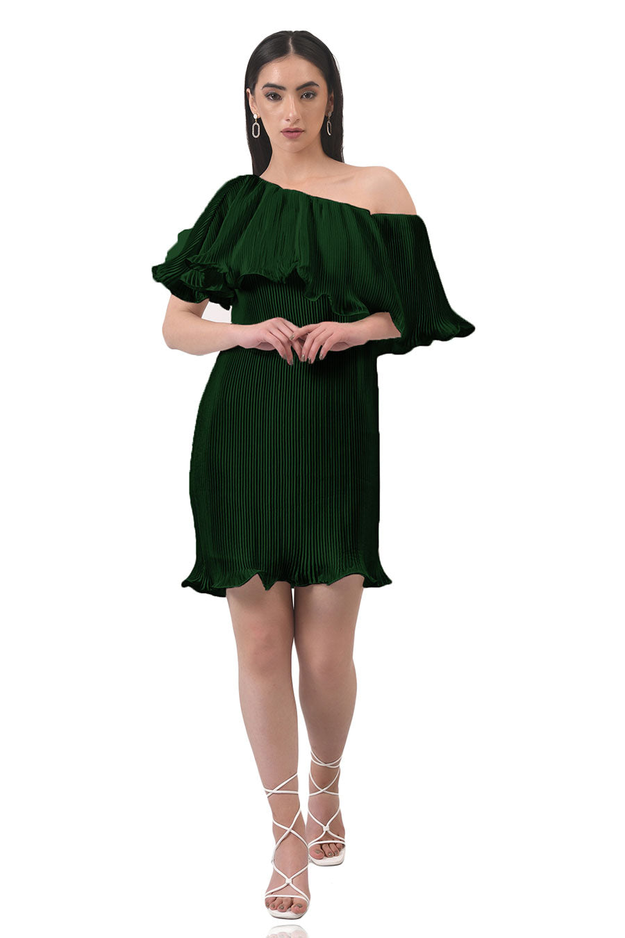 Green One-shoulder Pleated Dress