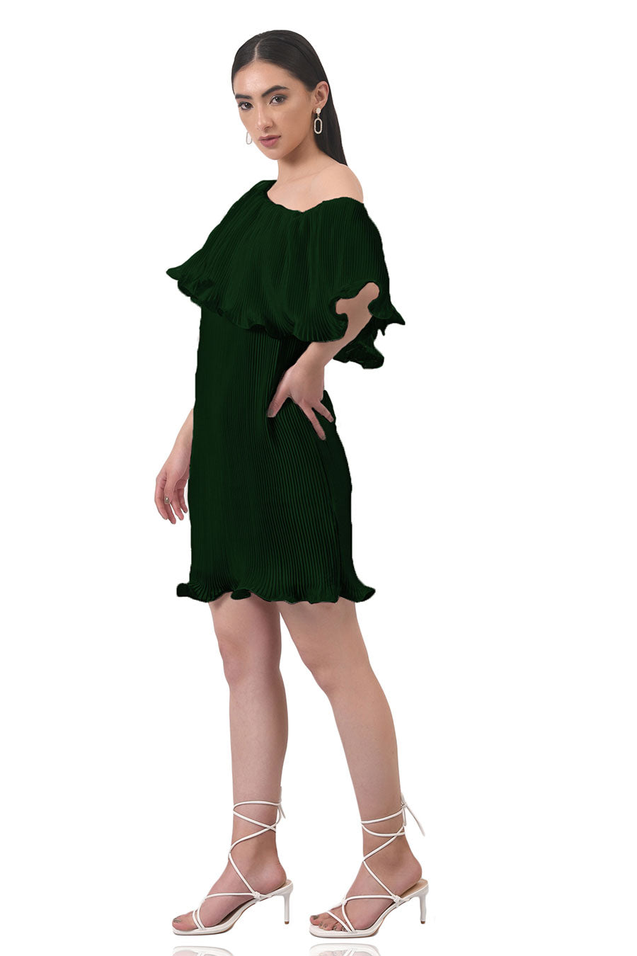 Green One-shoulder Pleated Dress