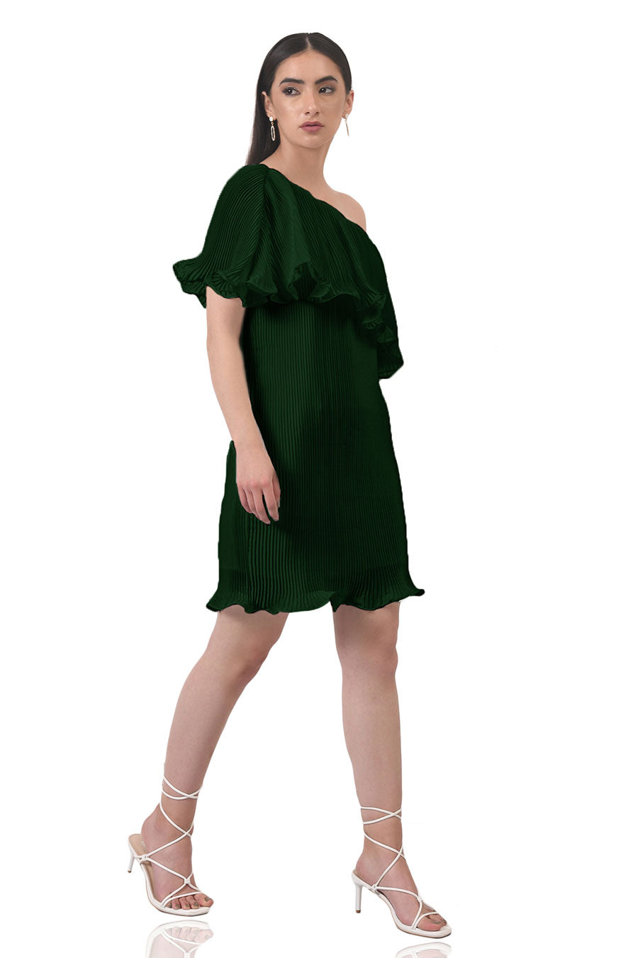 Green One-shoulder Pleated Dress