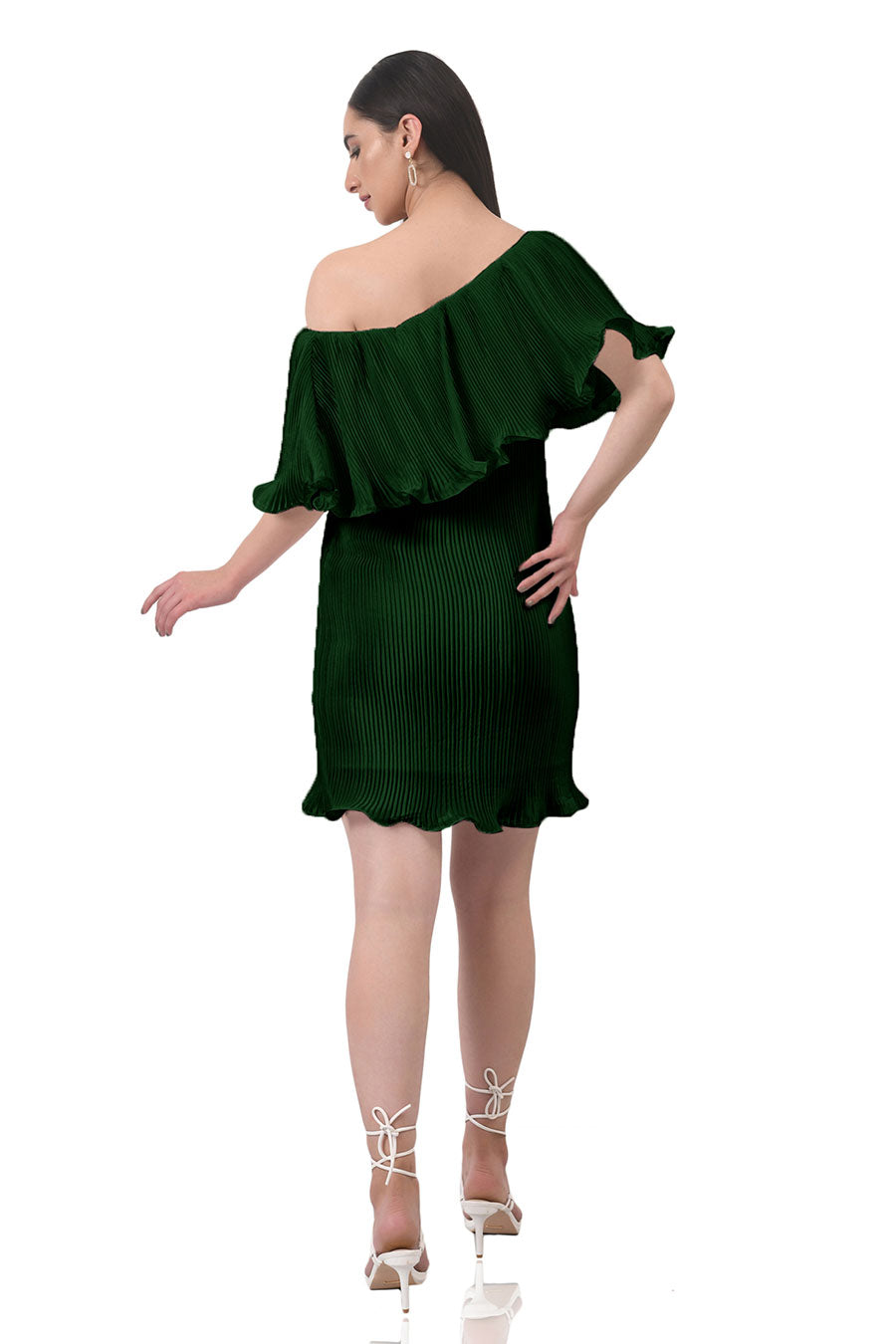 Green One-shoulder Pleated Dress