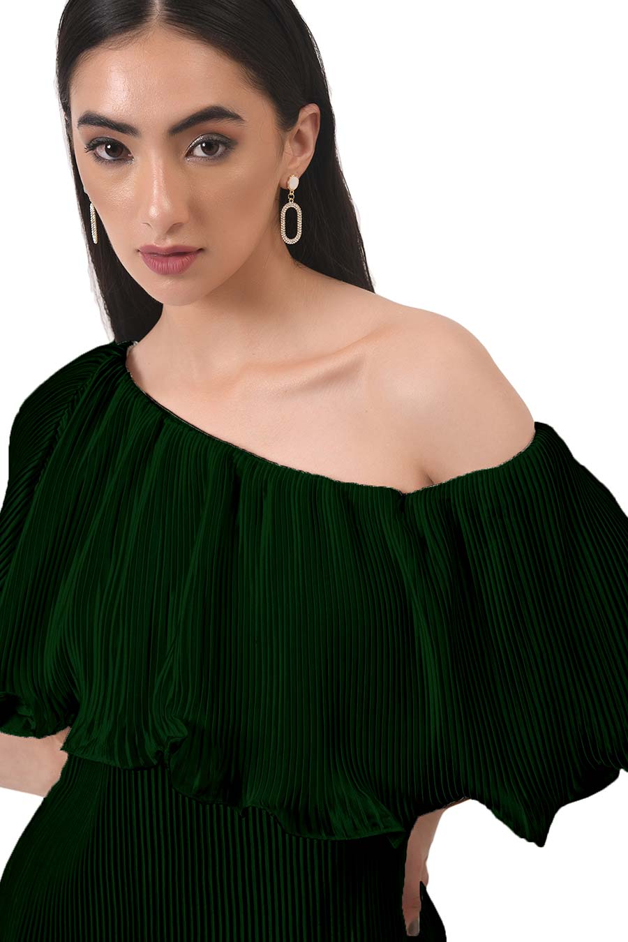 Green One-shoulder Pleated Dress