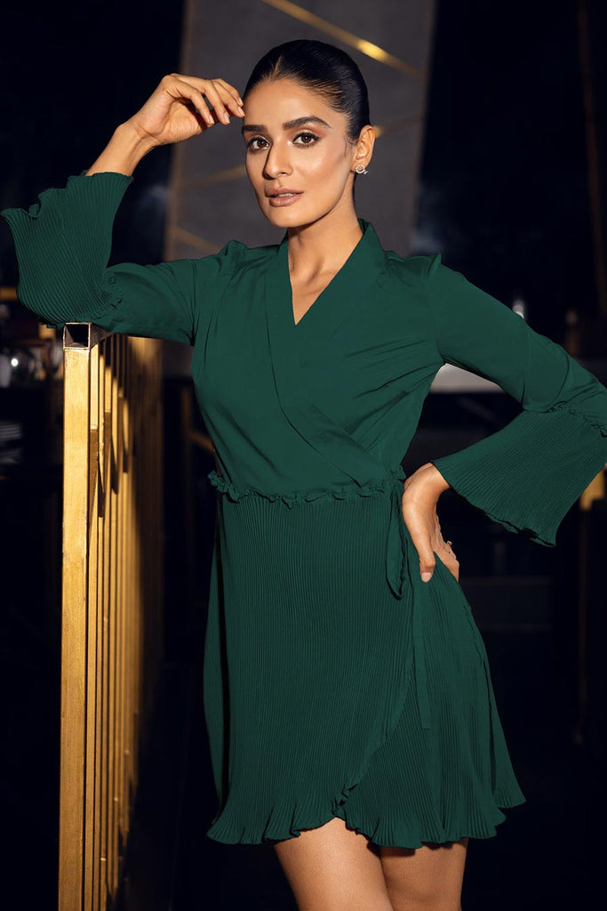 Shop Green Pleated Wrap Dress by ATTIC SALT at House of Designers – HOUSE  OF DESIGNERS