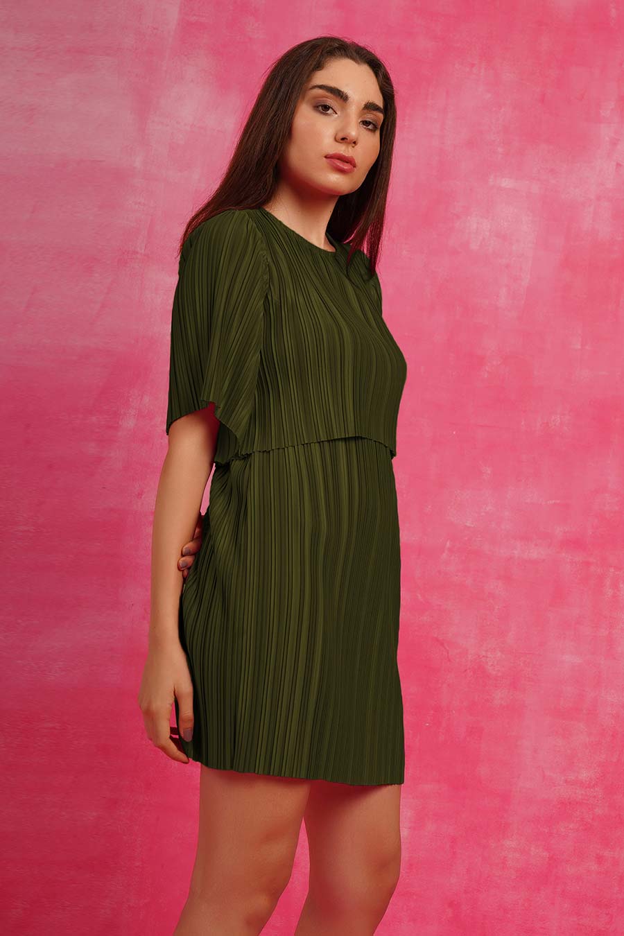 Green Pleated Cape Dress