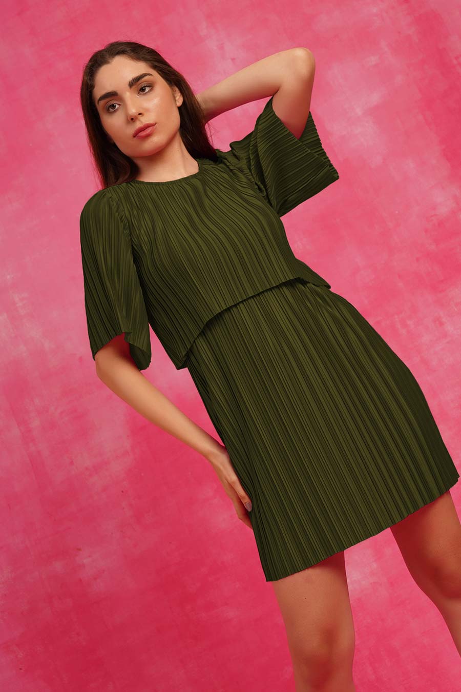 Green Pleated Cape Dress