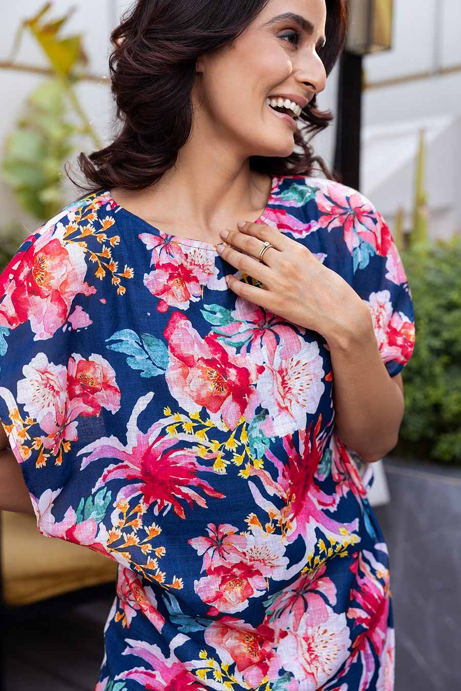 Blue Linen Printed Mini Dress
