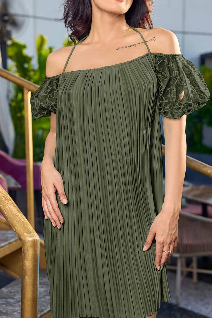 Olive Green Seraphic Off-Shoulder Pleated Dress