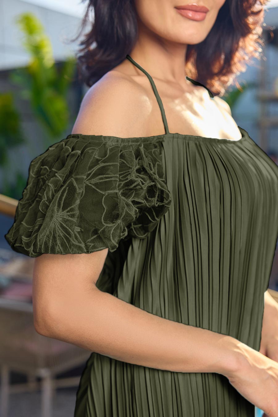 Olive Green Seraphic Off-Shoulder Pleated Dress