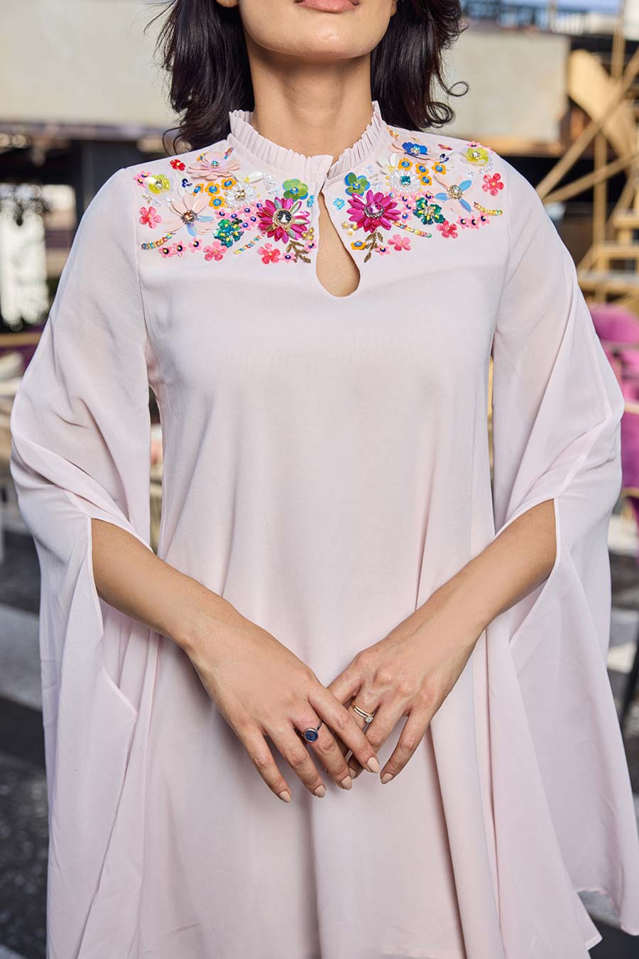 Multi-Shade Ornamented Cape Dress