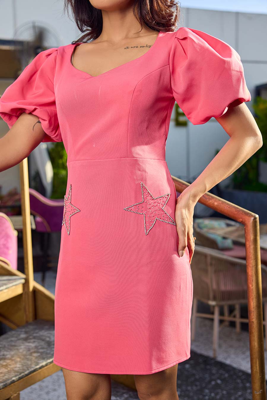 Salmon Pink Star Embellished Dress