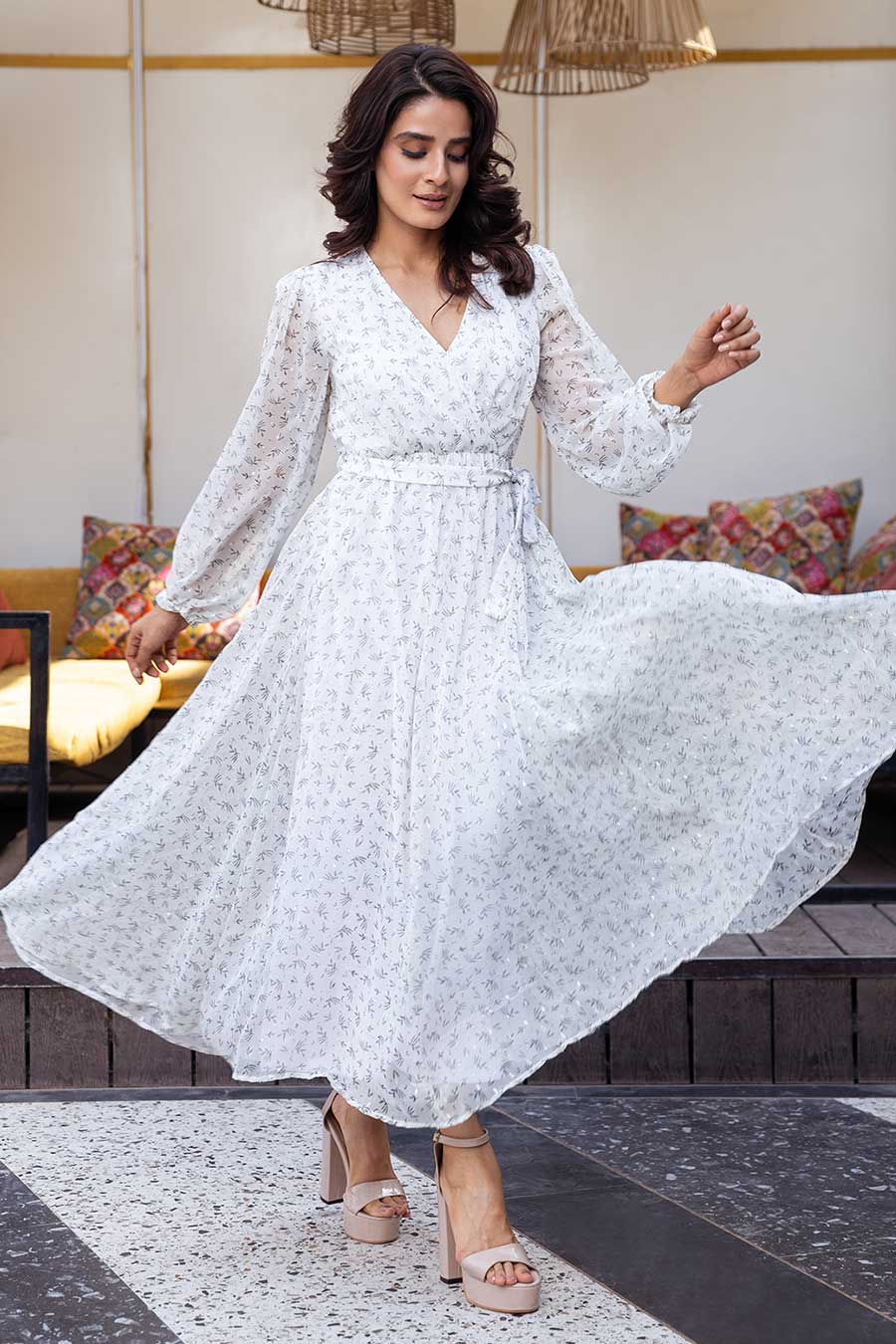 White Flairy Gathered Dress