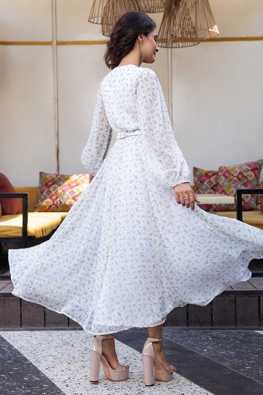 White Flairy Gathered Dress
